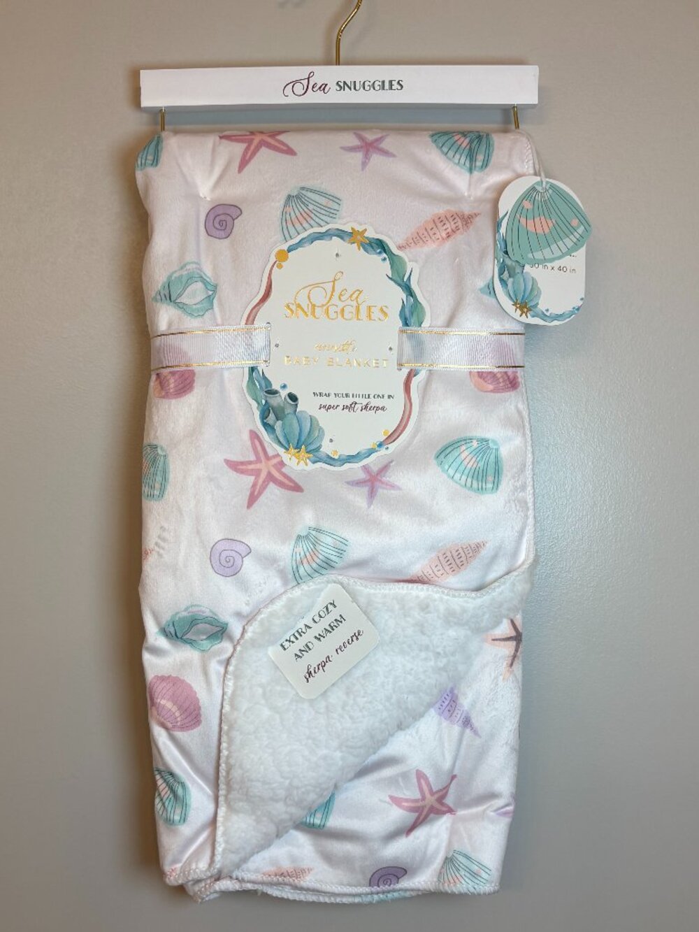 NWT - Sea Snuggles Reversible Sherpa Baby Blanket - Girl Ocean Themed - 30 x 40